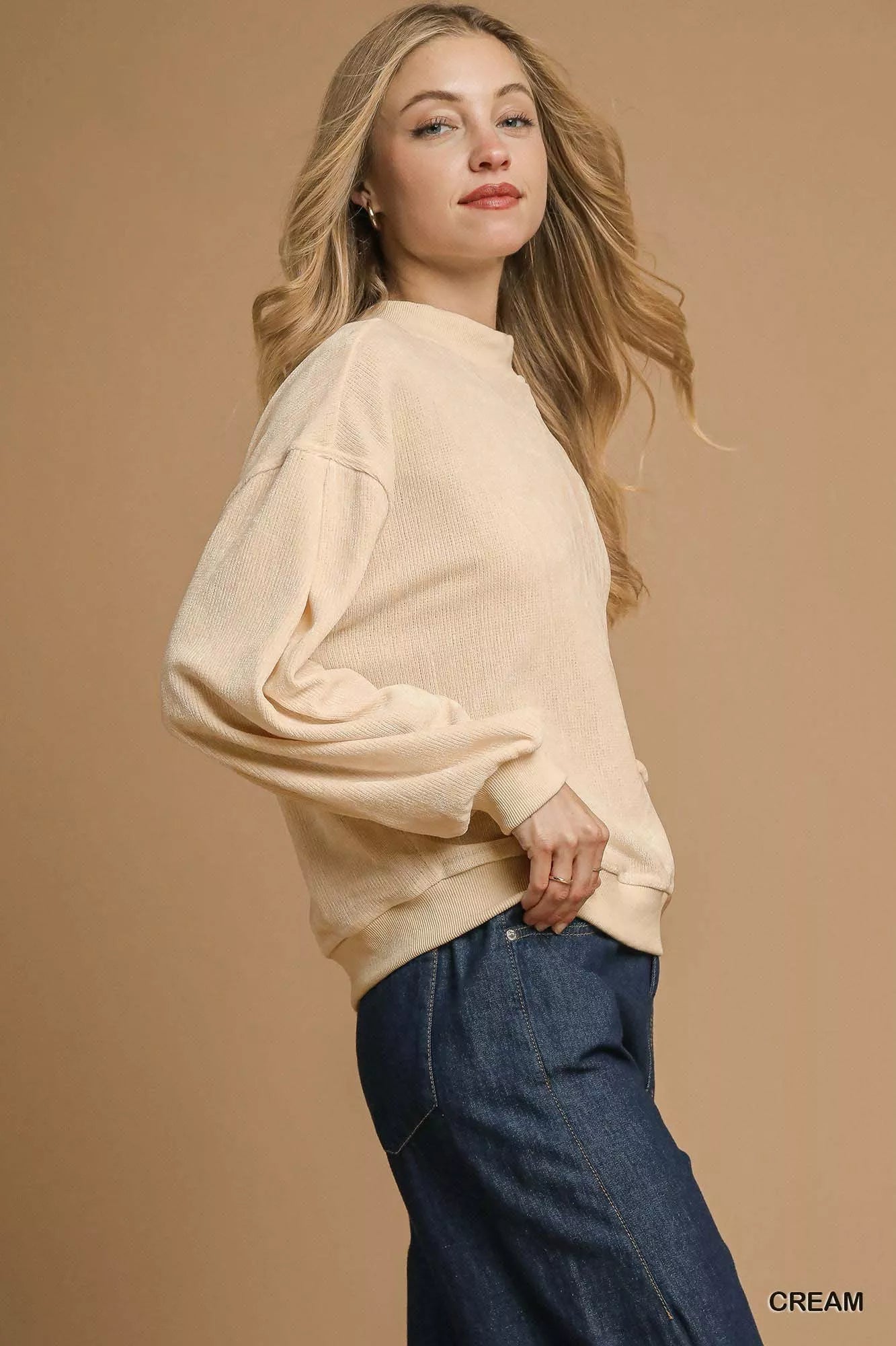 Velour Crewneck Balloon Sleeve Sweatshirt at In Style Chics Boutique 