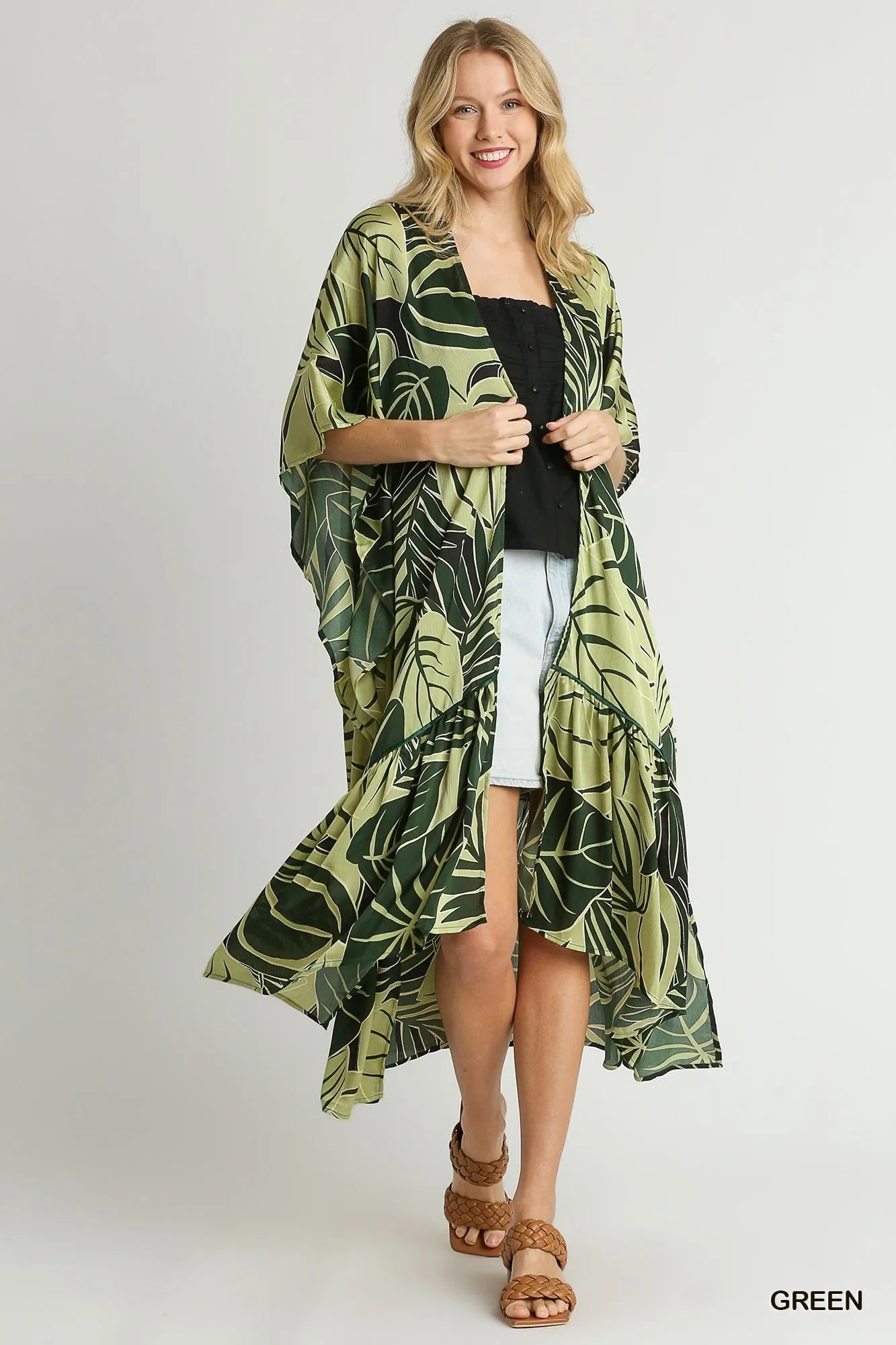 Satin Tropical Print Open Front Kimono with Ruffle Details at In Style Chics Boutique 
