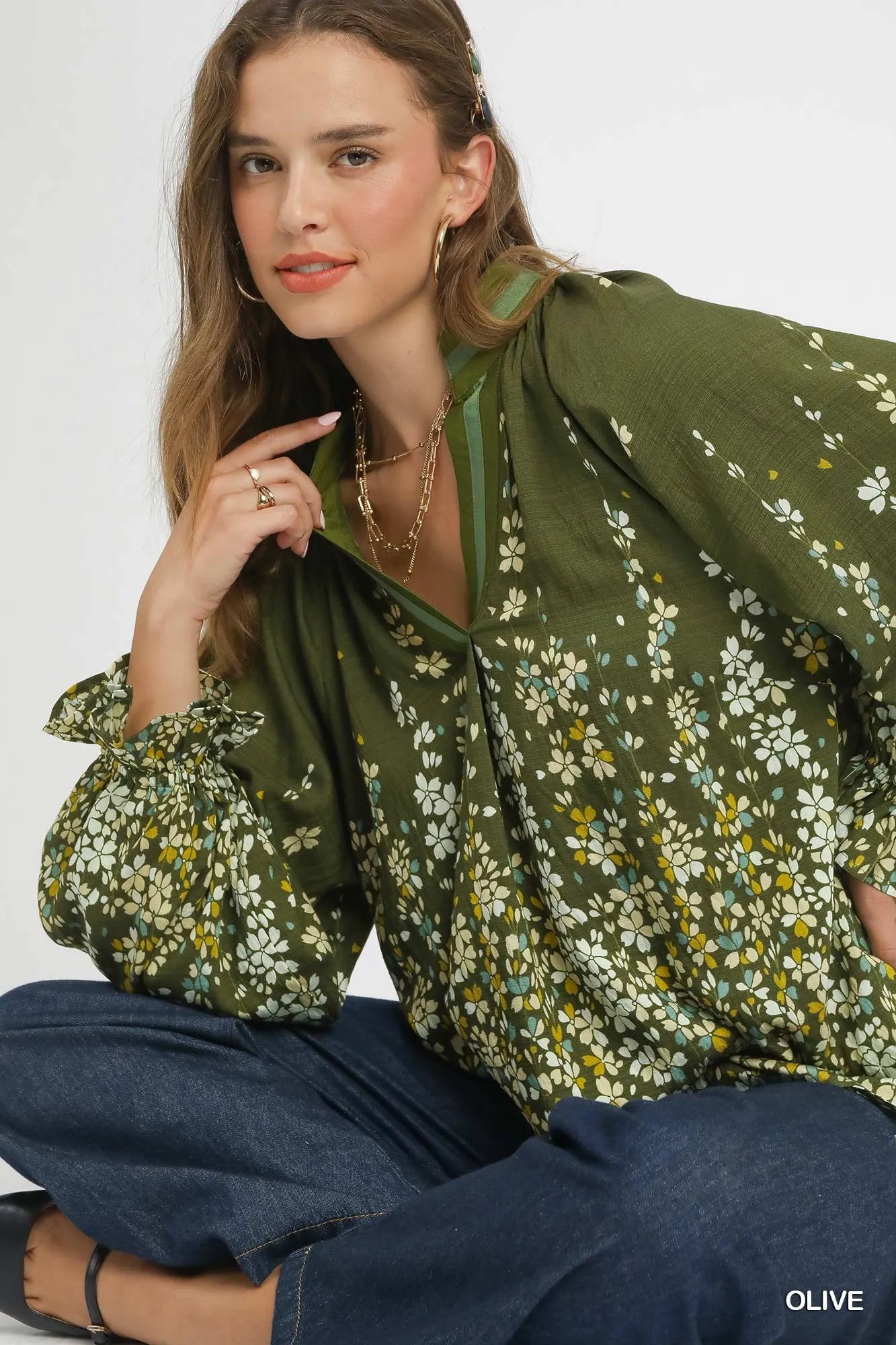 Blouse with Balloon Sleeves Floral Vine Print at In Style Chics Boutique 