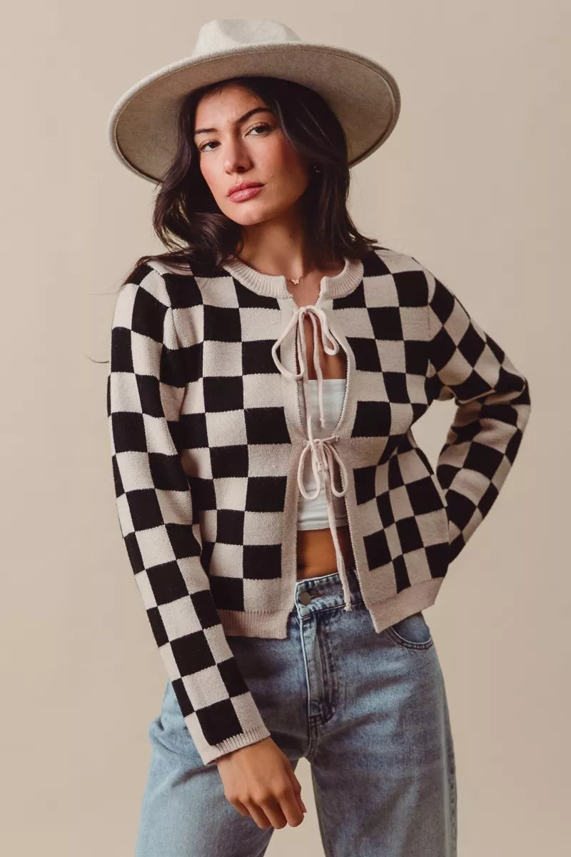 Shop Tie Front Checkered Knitted Round Neck Cardigan at In Style Chics Boutique