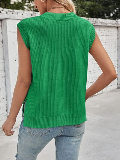 Women's Ribbed V-Neck Slit Sweater Vest - In Style Chics Boutique 