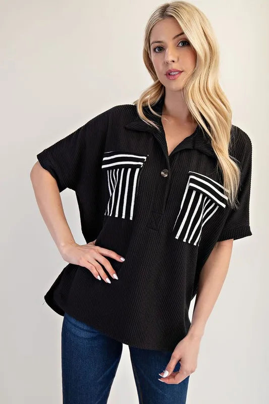 Rib Knit Collared Top with Striped Pockets - In Style Chics Boutique Women's Juniors Plus Size Cute Clothes Online 
