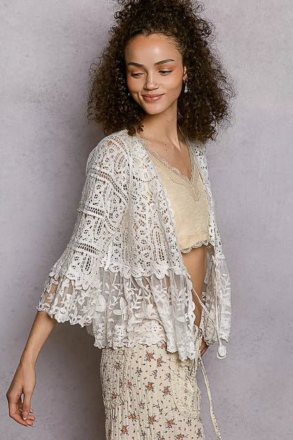 Floral White Lace Short Sleeve Crochet Cardigan with Tassel Tie by POL
