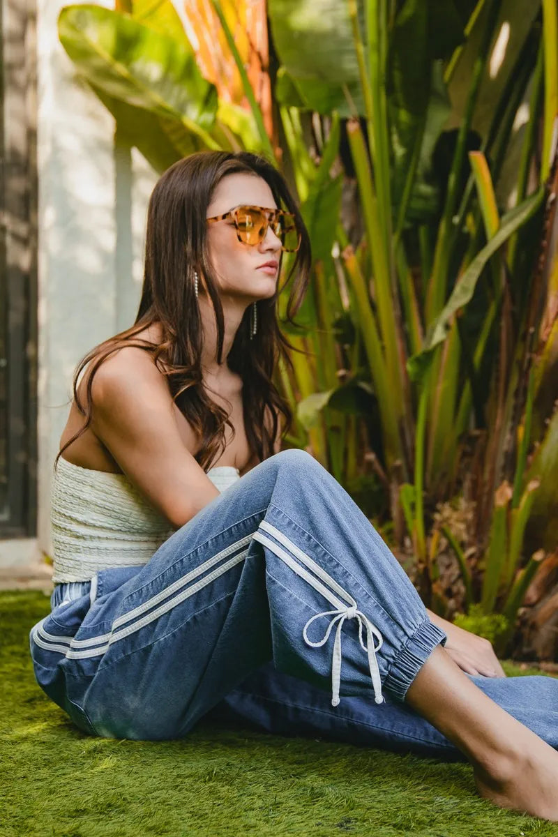 Striped Tape Details With Bot Tied Point Elastic Waist Jeans at In Style Chics Boutique 