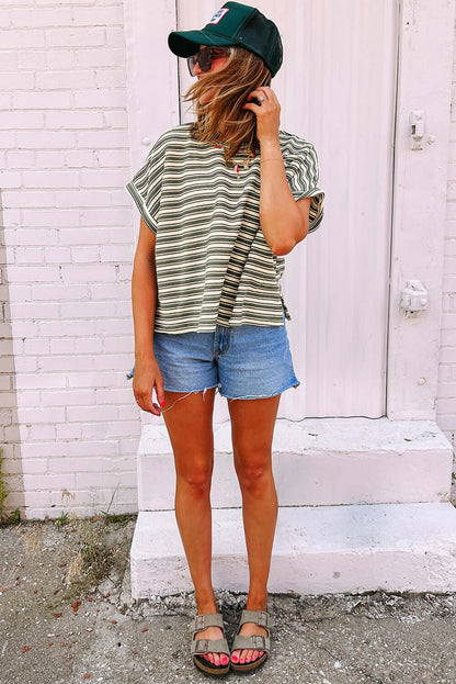 Green Stripe Textured Side Slit Crew Neck T Shirt - Cute Clothes Online - In Style Chics Boutique Women's Juniors Apparel