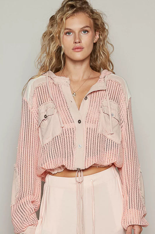 Button Down Hooded Shirt, Texture Woven Drawstring Hem Hoodie at In Style Chics Boutique 