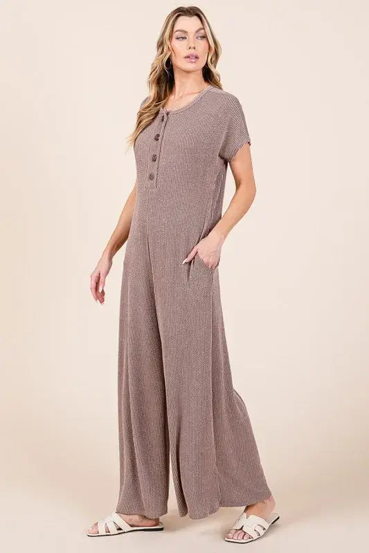 Rib Knit Jumpsuit with Button Detail