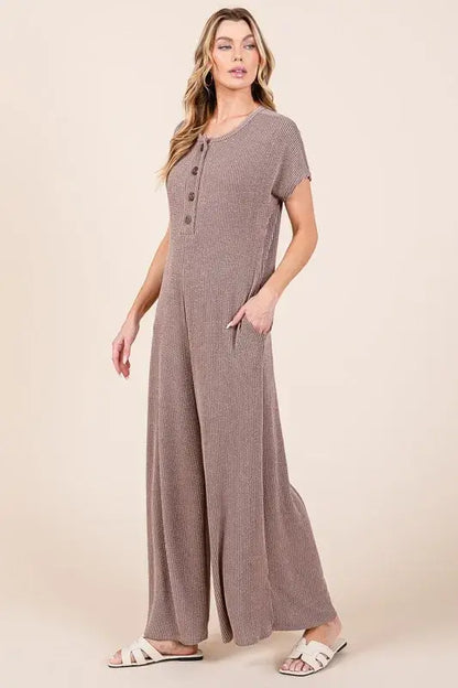 Rib Knit Jumpsuit with Button Detail