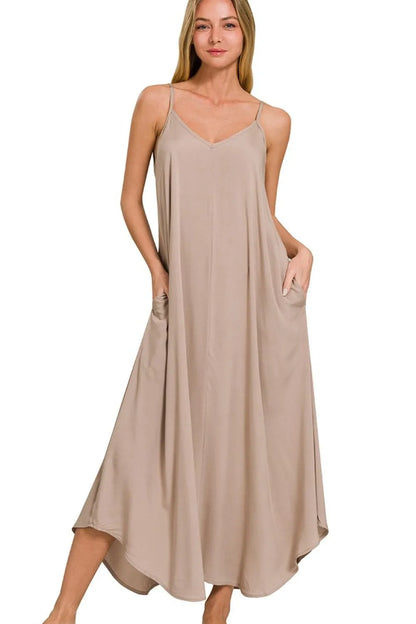 Cami Dress With Flowy Pockets Woven Arc Hem  - In Style Chics Boutique Women's Juniors Clothes Online 
