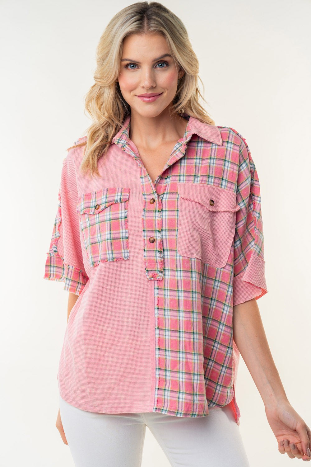 White Birch Plaid Color Block Half Button Top - In Style Chics Boutique LLC