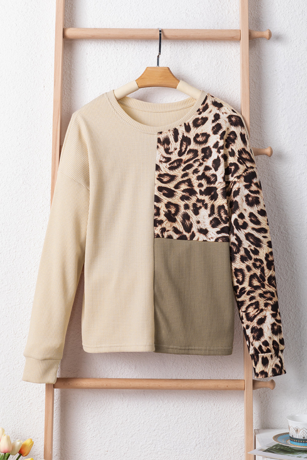 Pale Khaki Casual Waffle Knit Leopard Contrast Long Sleeve Top - In Style Chics Boutique LLC