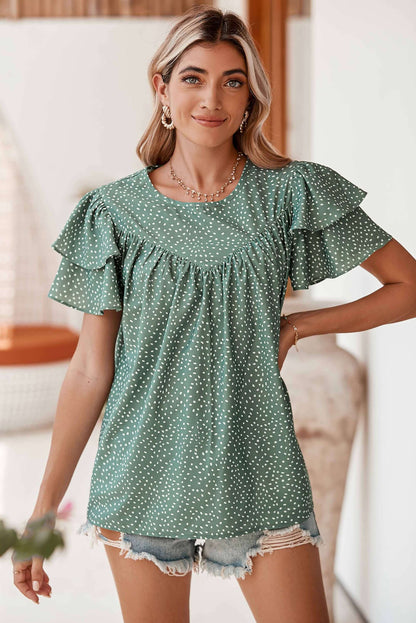 Laurel Green Spotted Print Pleated Ruffle Sleeve Blouse - In Style Chics Boutique Online Clothing Women's Juniors Free Shipping