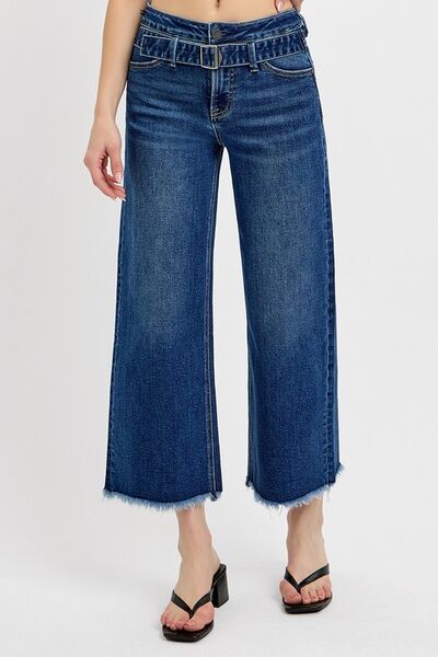 Women's Raw Hem Wide Leg Attached Buckle Jeans - In Style Chics Boutique Online Clothing 