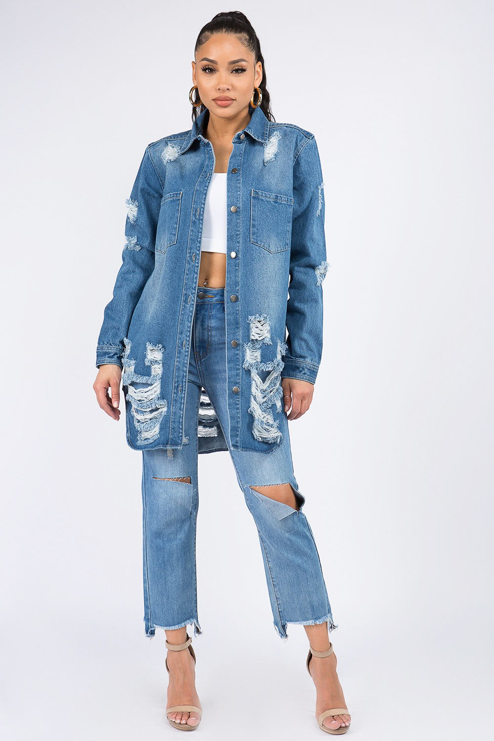 American Bazi Distressed Button Down Denim Shirt Jacket - In Style Chics Boutique LLC