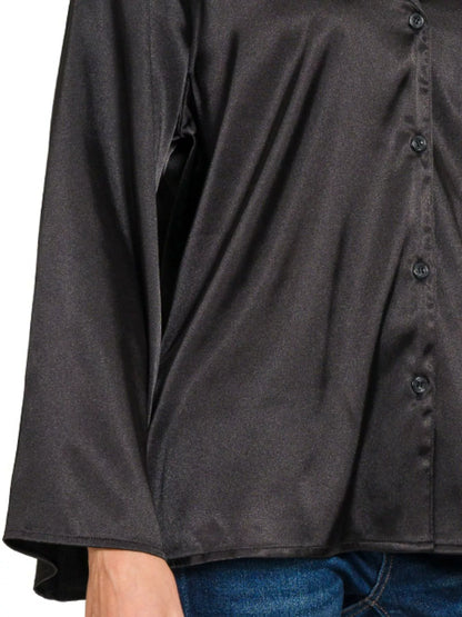 Black Satin Button Down Shirt at In Style Chics Boutique Everyday Basic Fashion Essentials 