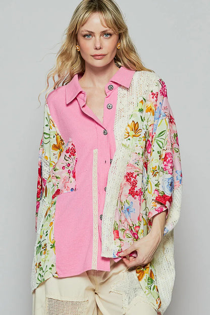 Thermal and Crochet Lace Mix Shirt with Floral Pattern at In Style Chics Boutique 
