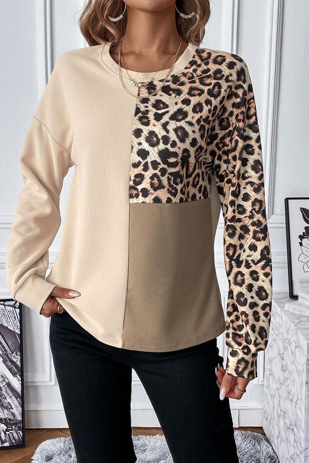 Pale Khaki Casual Waffle Knit Leopard Contrast Long Sleeve Top