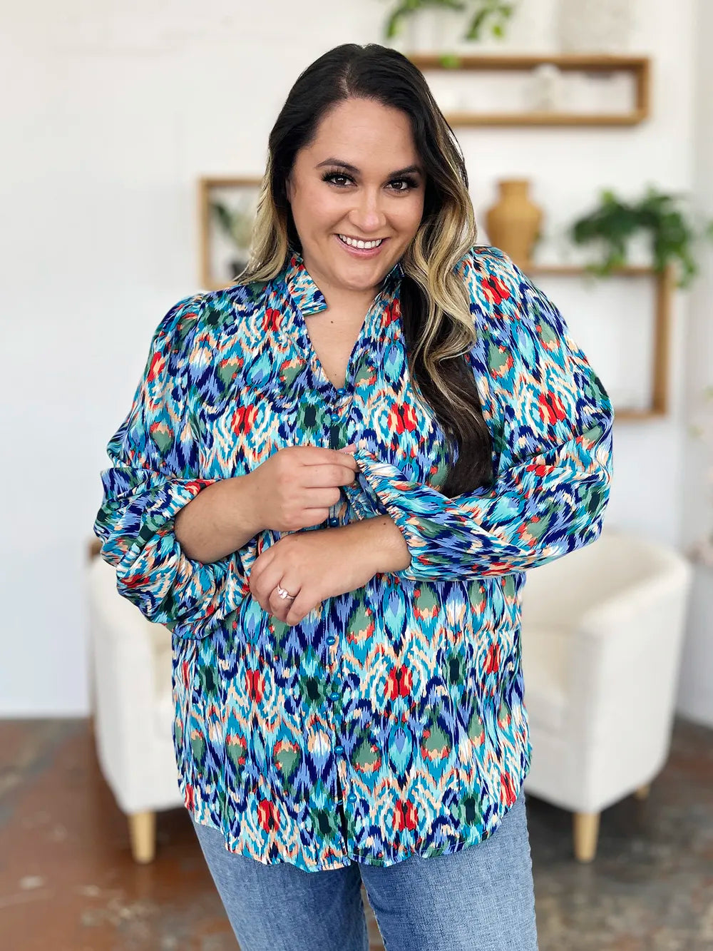 Printed Balloon Sleeve Blouse 💙 Shop Deals at In Style Chics Boutique 