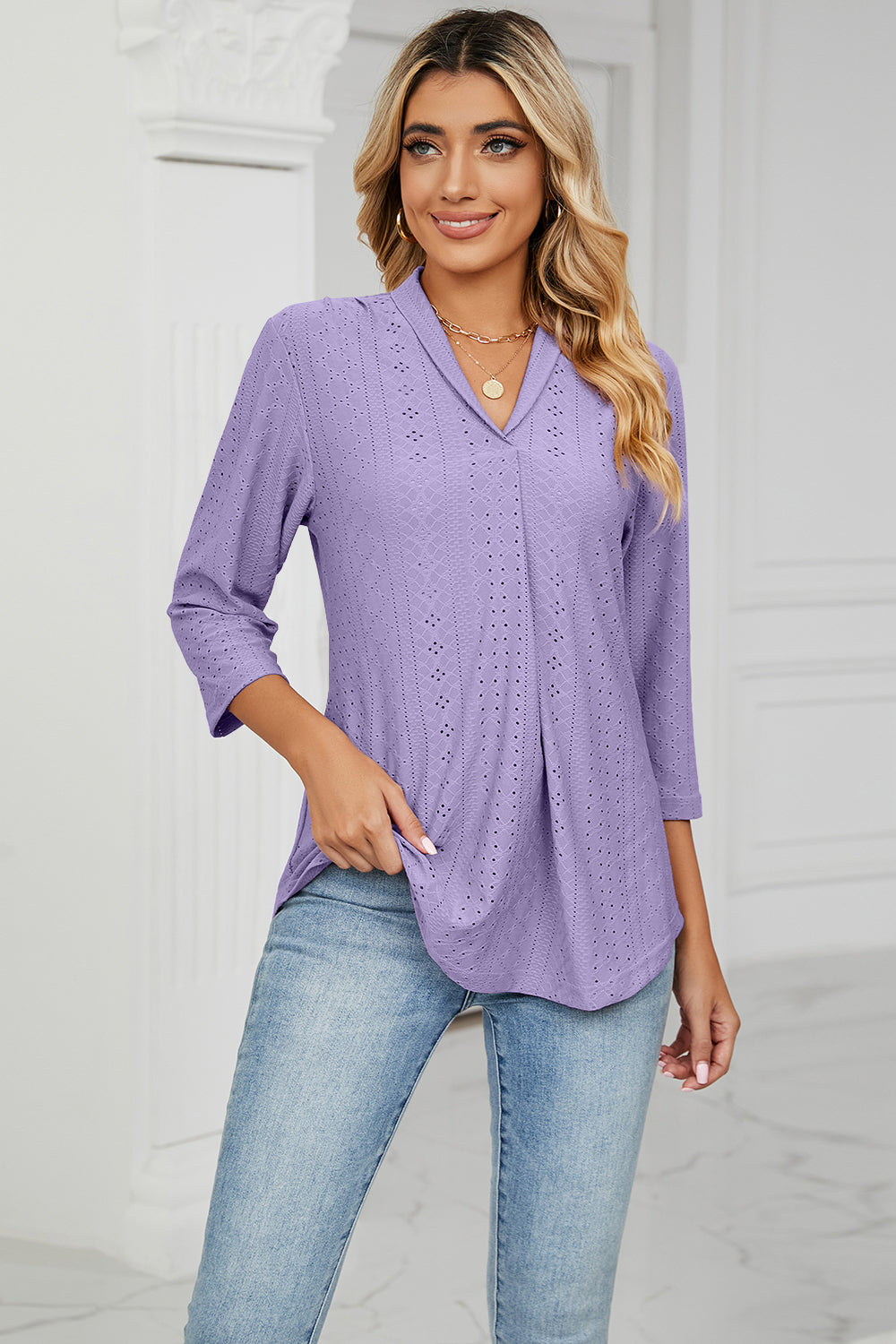 Eyelet Three-Quarter Sleeve Blouse - In Style Chics Boutique LLC