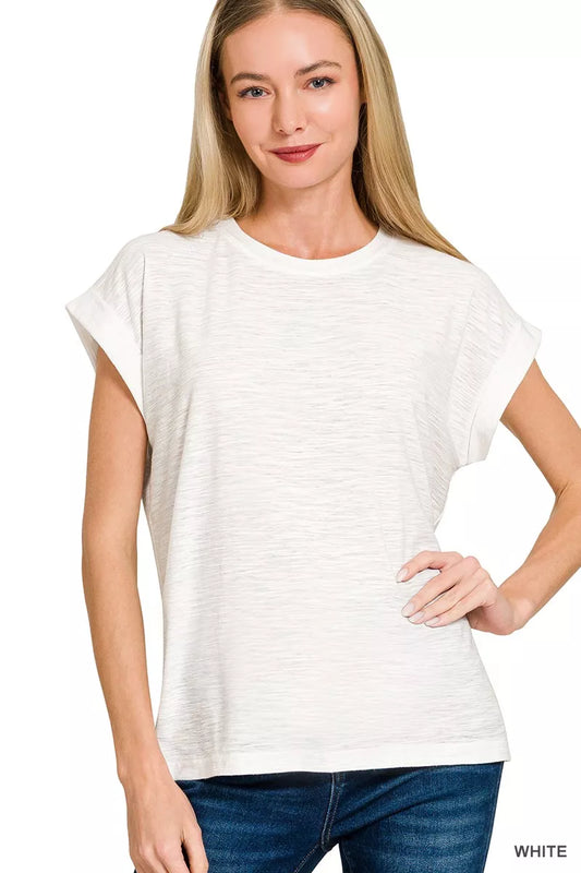 White Rolled Sleeve Slub Tee with Soft Stretch Fabric and Relaxed Everyday Fit 🤍