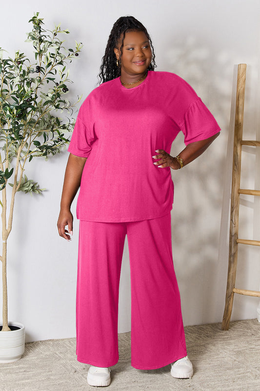 Double Take Round Neck Slit Top and Pants Set - More Colors! - In Style Chics Boutique LLC