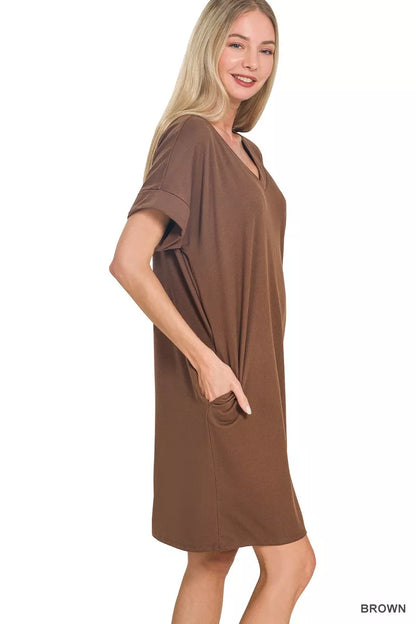 Zenana Brushed Dty Rolled Short Sleeve V-Neck Brown Dress