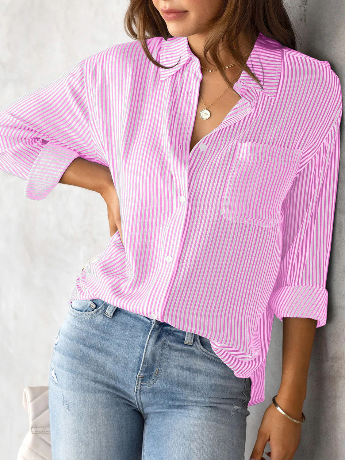 Striped Collared Neck Shirt with Pocket - In Style Chics Boutique LLC