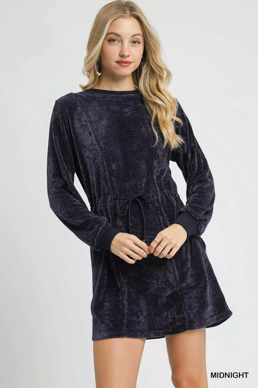 Velour Drawstring Mini Dress with Long Sleeves at In Style Chics Boutique 
