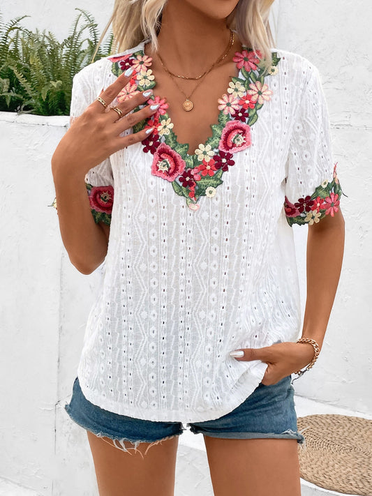 Eyelet Embroidered V-Neck Short Sleeve Blouse - More Colors! - In Style Chics Boutique LLC