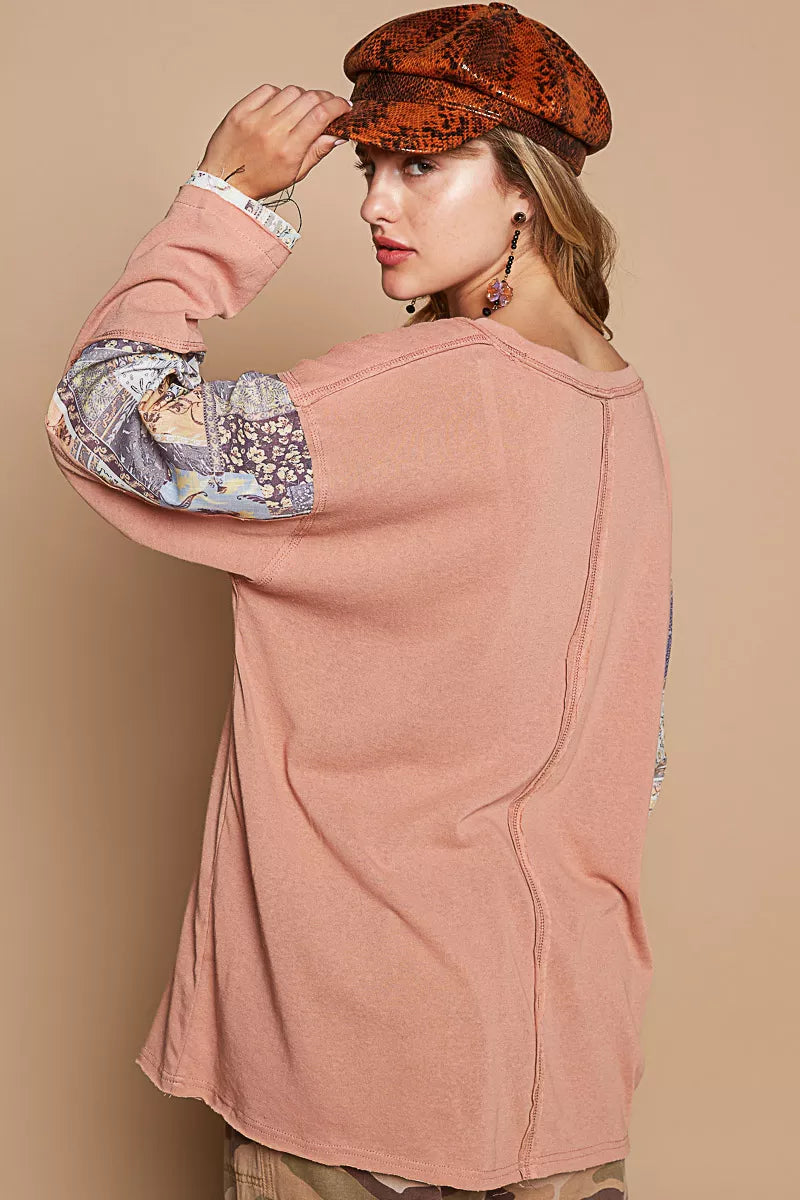 Round Neck Long Sleeve Roomy Fit Top with Stitch Detail at In Style Chics Boutique 