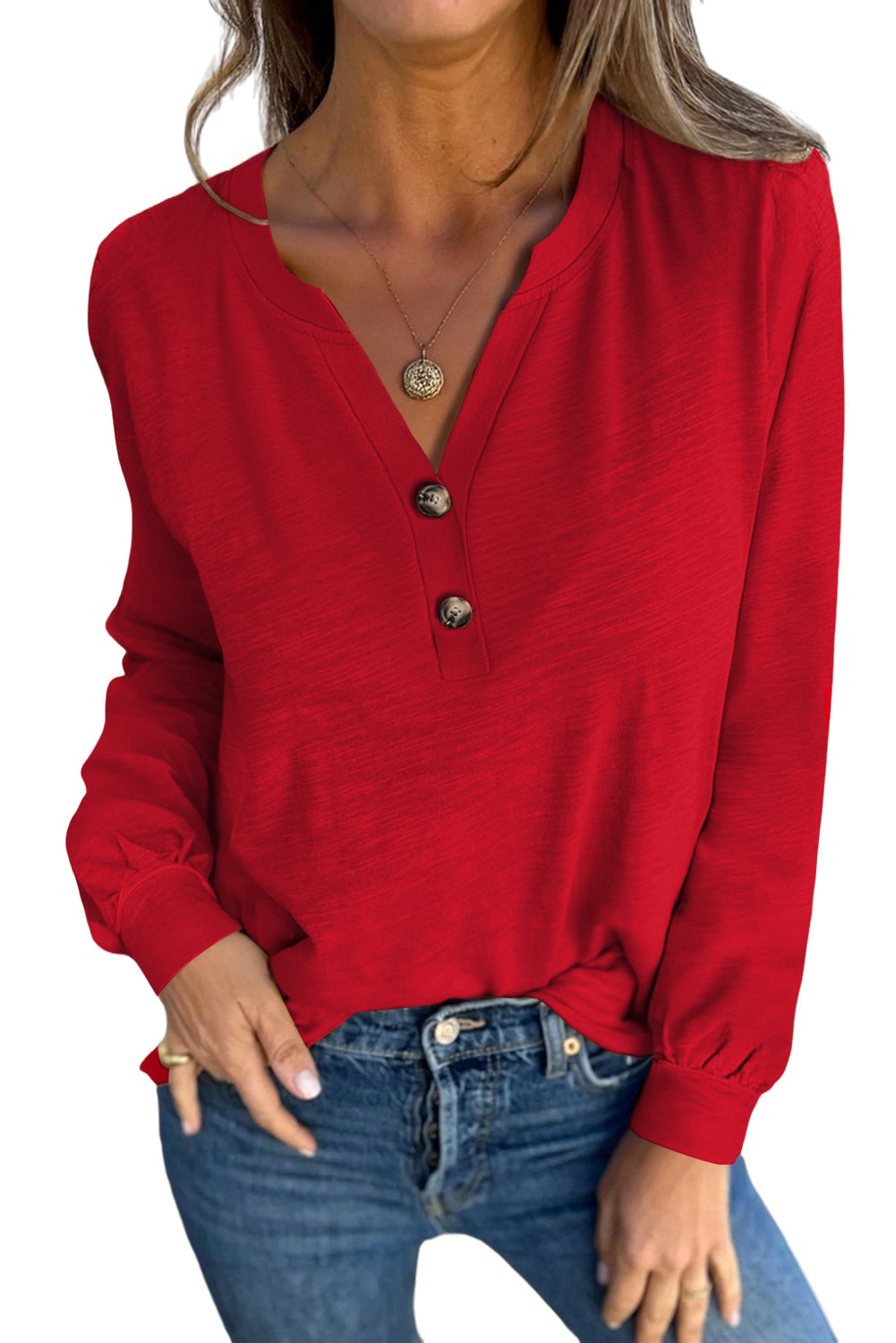 Shop this cute Red Casual Button V Neck Long Sleeve T-Shirt at In Style Chics Boutique ♥️