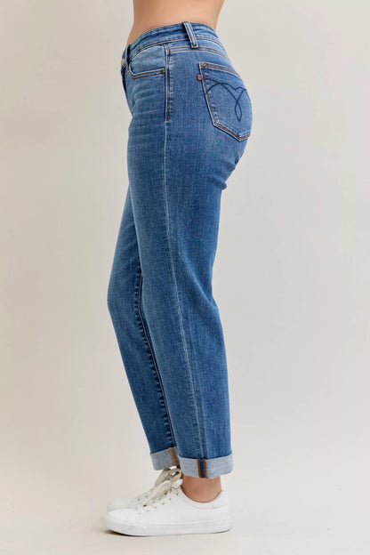 Judy Blue Mid Rise Boyfriend. Classic Cuffed Jeans at In Style Chics Boutique plus size jeans 