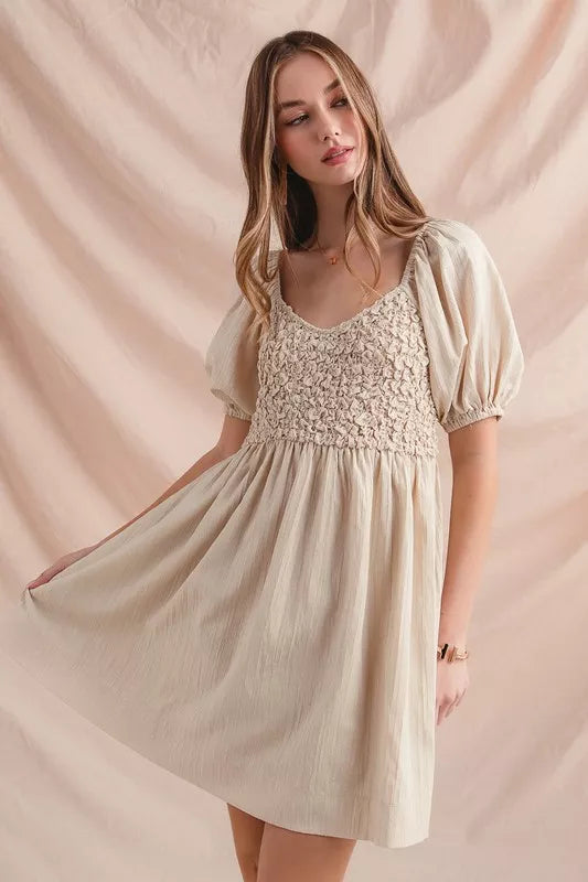 Textured Woven Daily Dress with Puff Sleeves at In Style Chics Boutique 