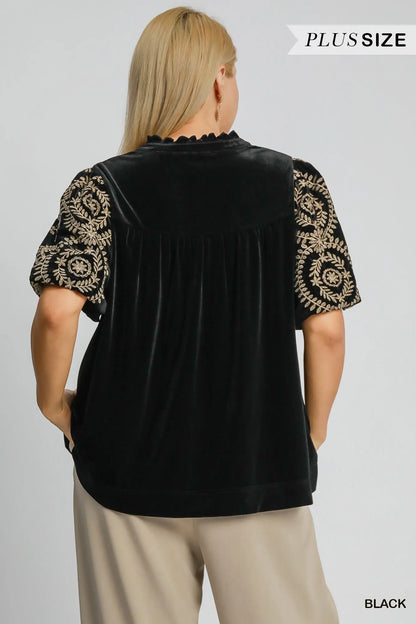 Velvet Embroidered Sleeve Blouse at In Style Chics Boutique 