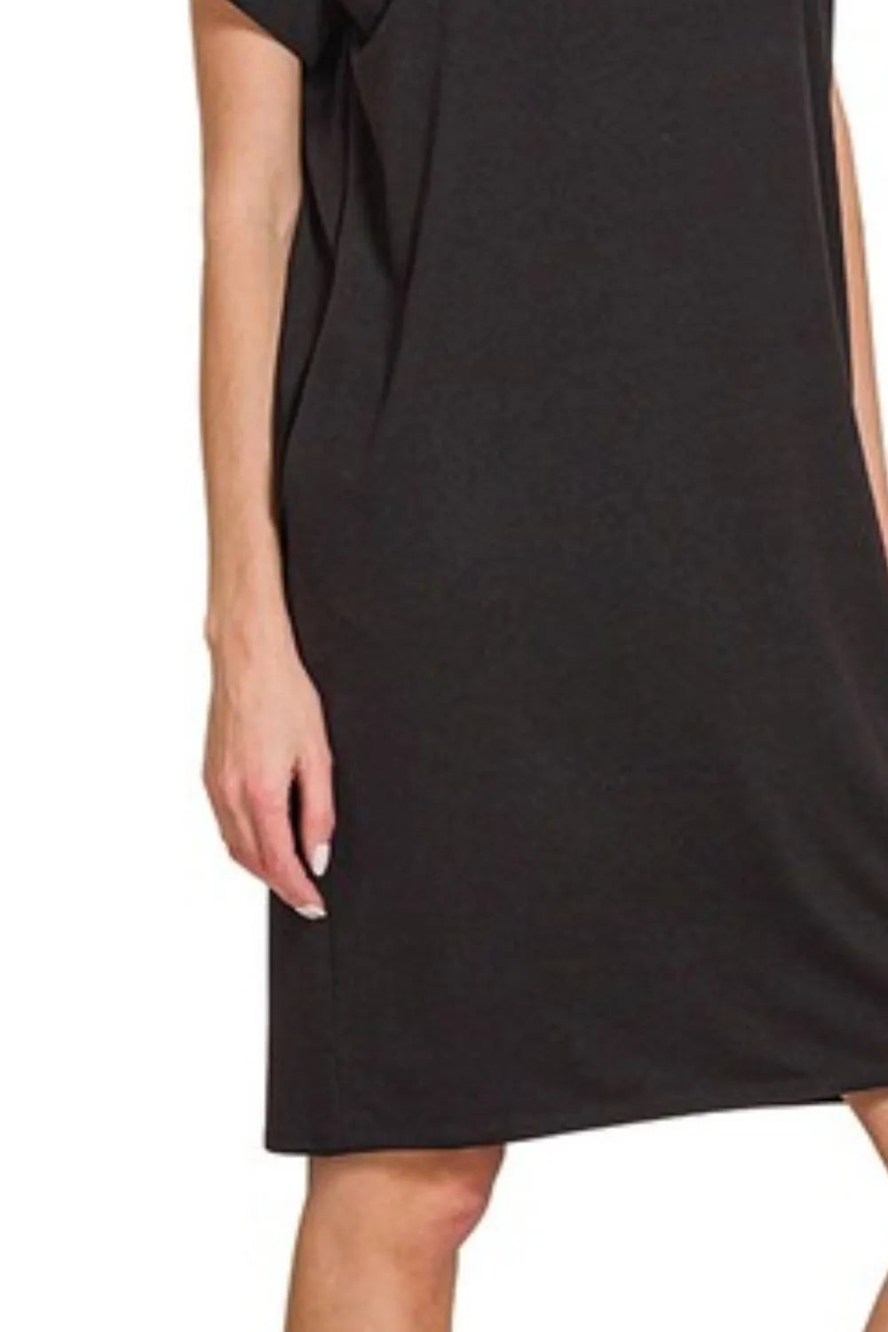 Black Dress, Rolled Short Sleeve Round Neck  - In Style Chics Boutique 