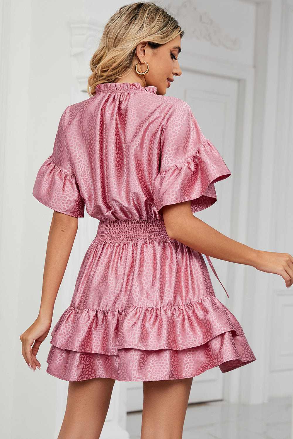 Smocked Tie Neck Flounce Sleeve Dress - In Style Chics Boutique LLC