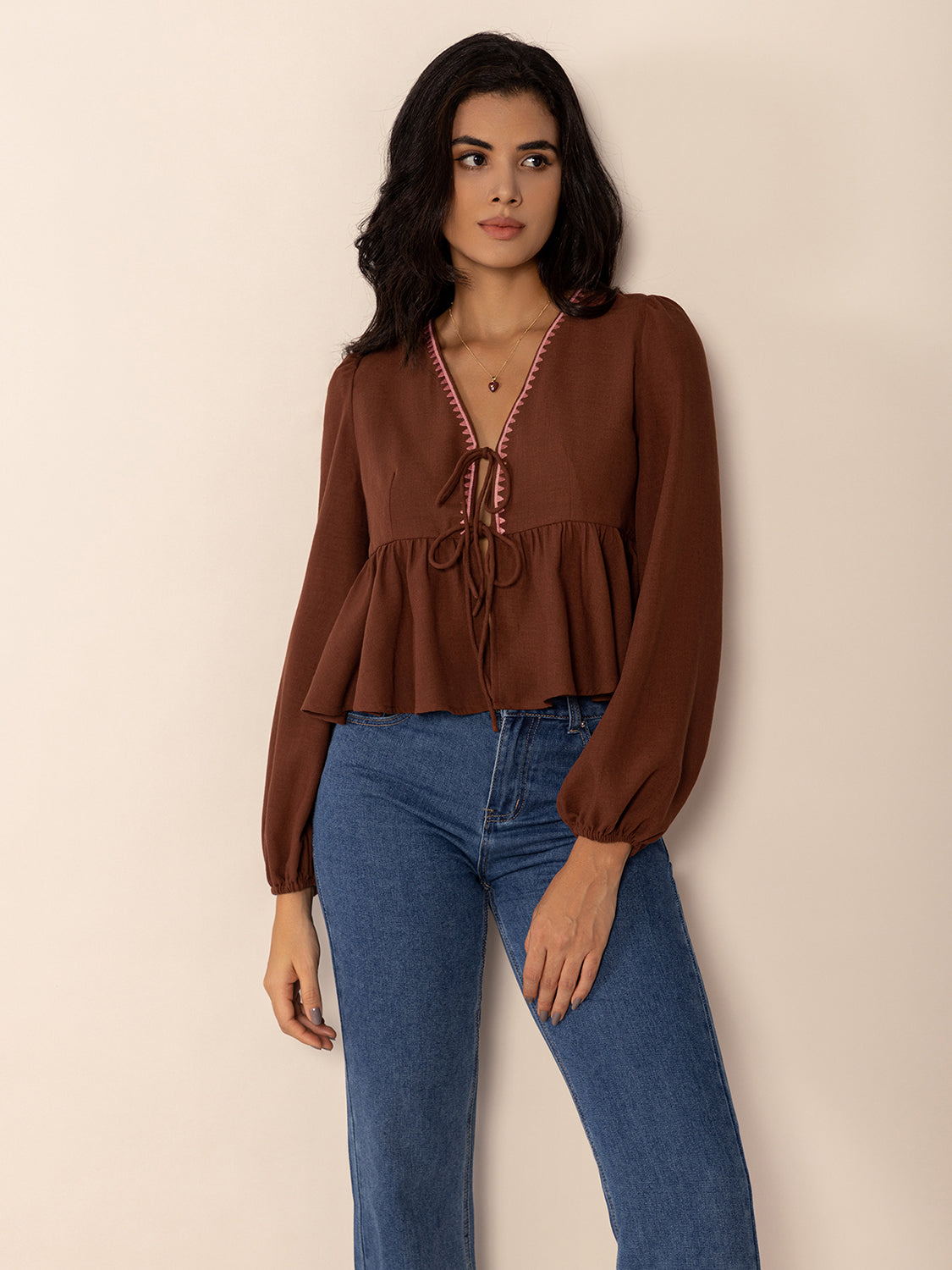 Peplum Tied V-Neck Long Sleeve Blouse