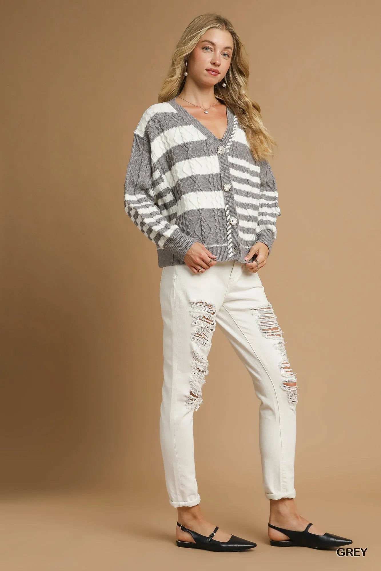 Cable-Knit Stripe Button-Up Cardigan at In Style Chics Boutique 