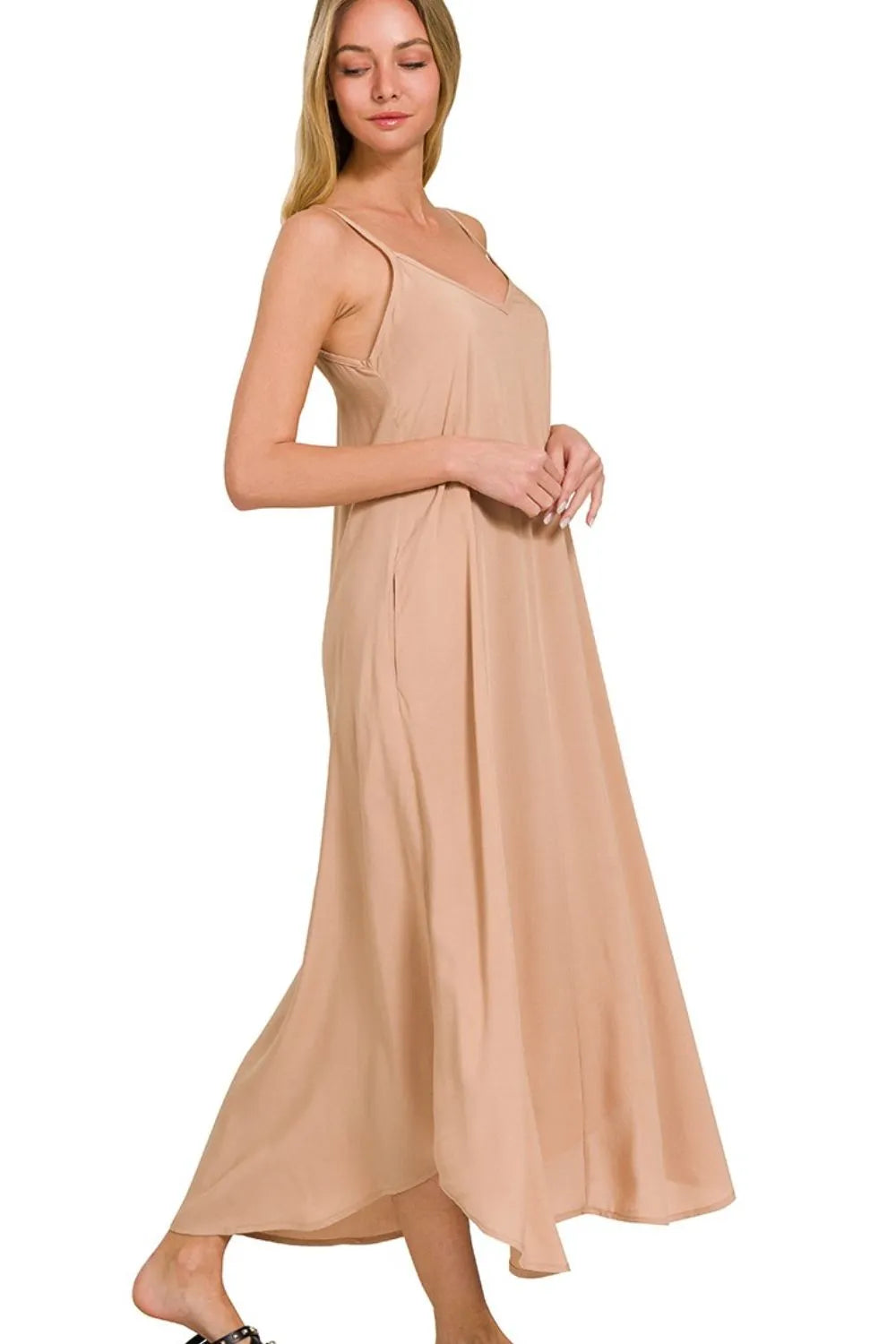 Cami Dress With Flowy Pockets Woven Arc Hem - In Style Chics Boutique Women's Juniors Clothes 