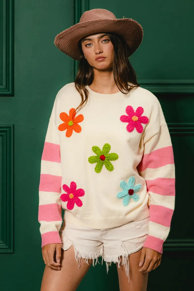 Colorful Floral Patched Sweater with Striped Sleeve at In Style Chics Boutique 