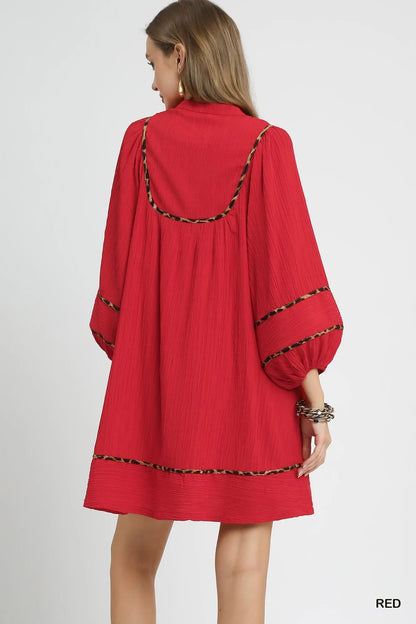 Textured Babydoll Dress with Leopard Trim at In Style Chics Boutique 