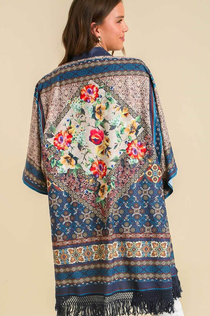 Fringe Hem Open Front Printed Kimono Sleeve Cover-Up - Cute Clothing - In Style Chics Boutique Online Women's Juniors Plus Size Apparel 