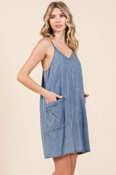 Washed Patch Pocket Mini Cami Denim Dress - In Style Chics Boutique 