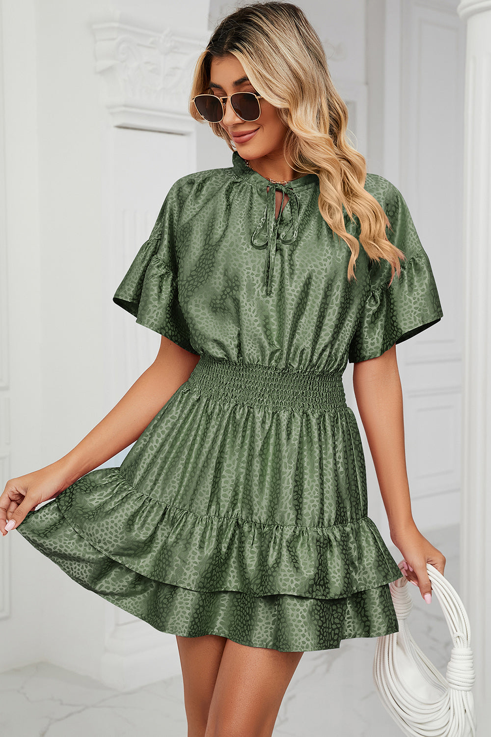 Smocked Tie Neck Flounce Sleeve Dress - In Style Chics Boutique LLC