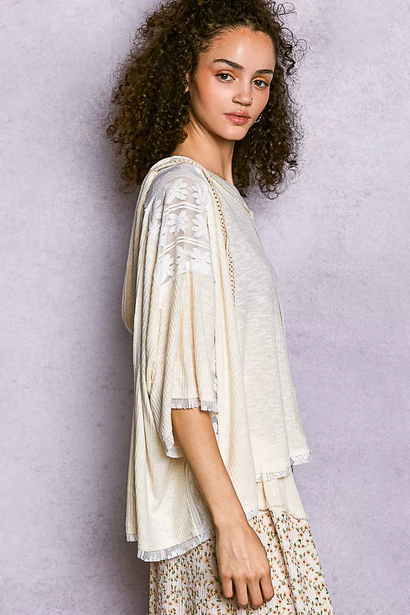 POL Short Sleeve Hoodie Top with Lace Detail