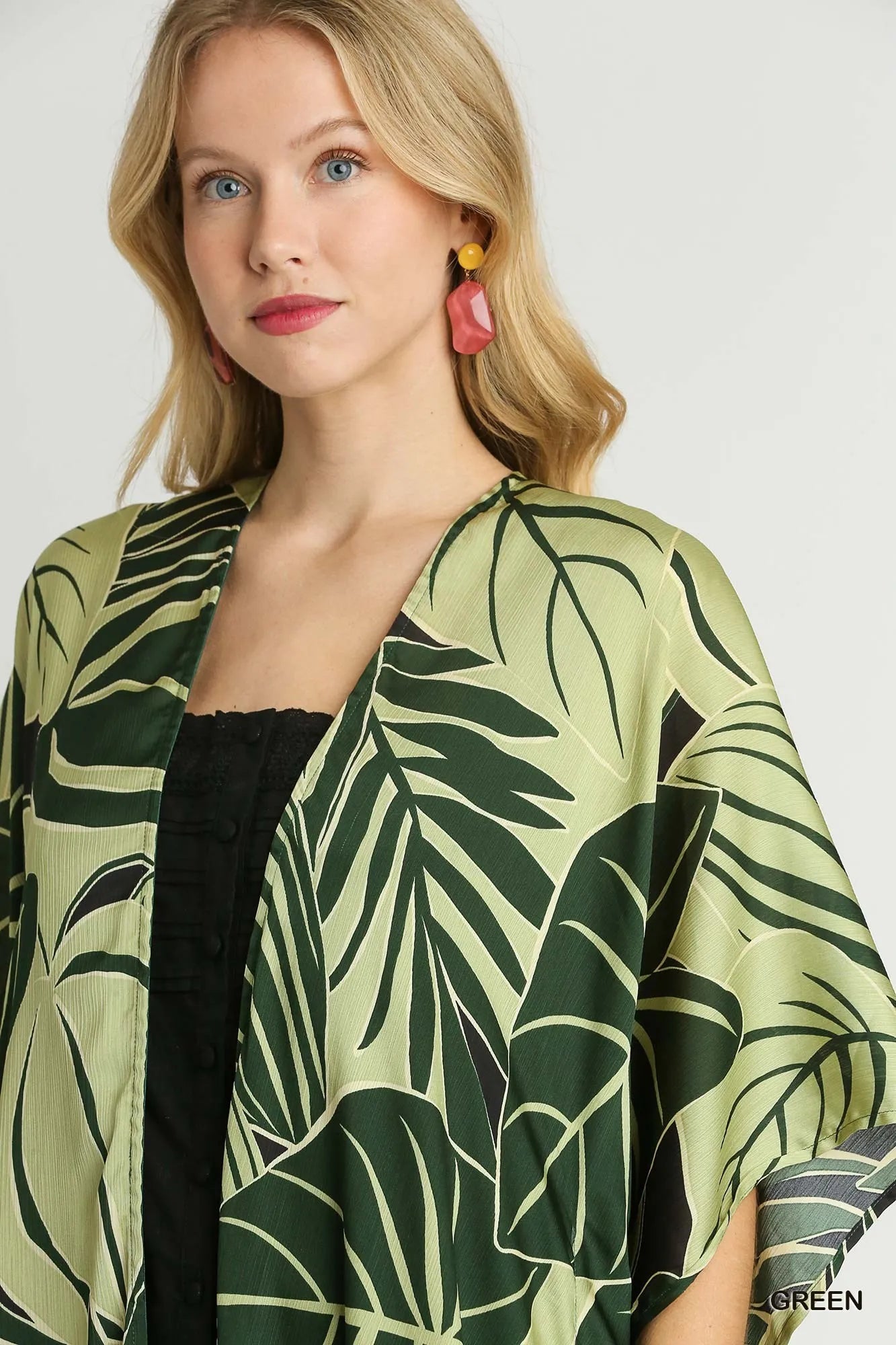 Satin Tropical Print Open Front Kimono with Ruffle Details at In Style Chics Boutique 