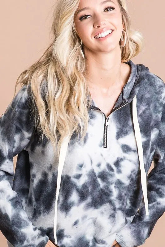Tie Dye Brushed Terry Hoodie with Zip Up Closure