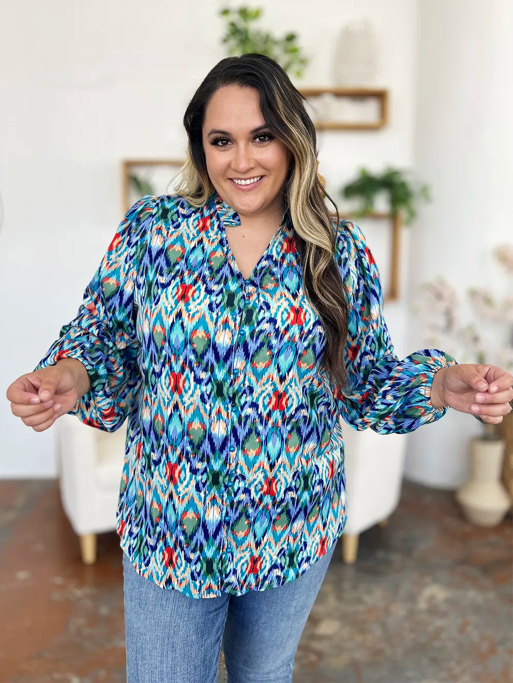 Printed Balloon Sleeve Blouse 💙 Shop Deals at In Style Chics Boutique 