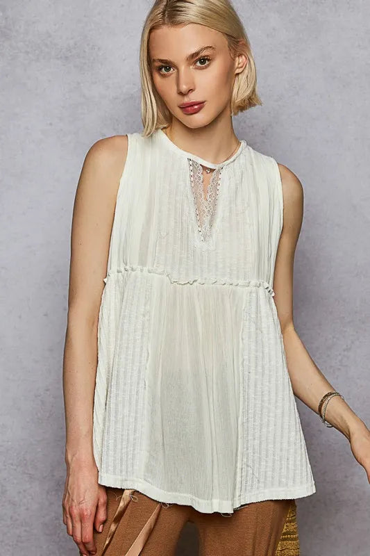 Tank Top with Pintuck Detail, Lace Trim Round Neck  - In Style Chics Boutique 