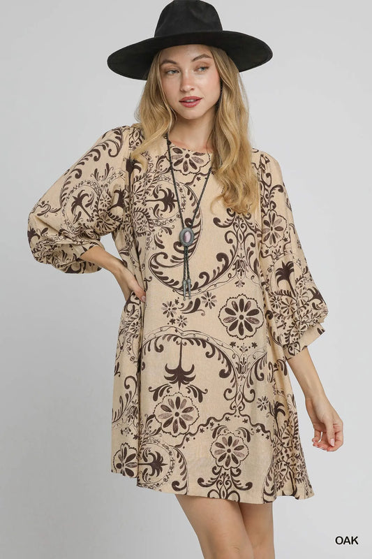 Boho Printed Balloon Sleeve Mini Dress at In Style Chics Boutique 
